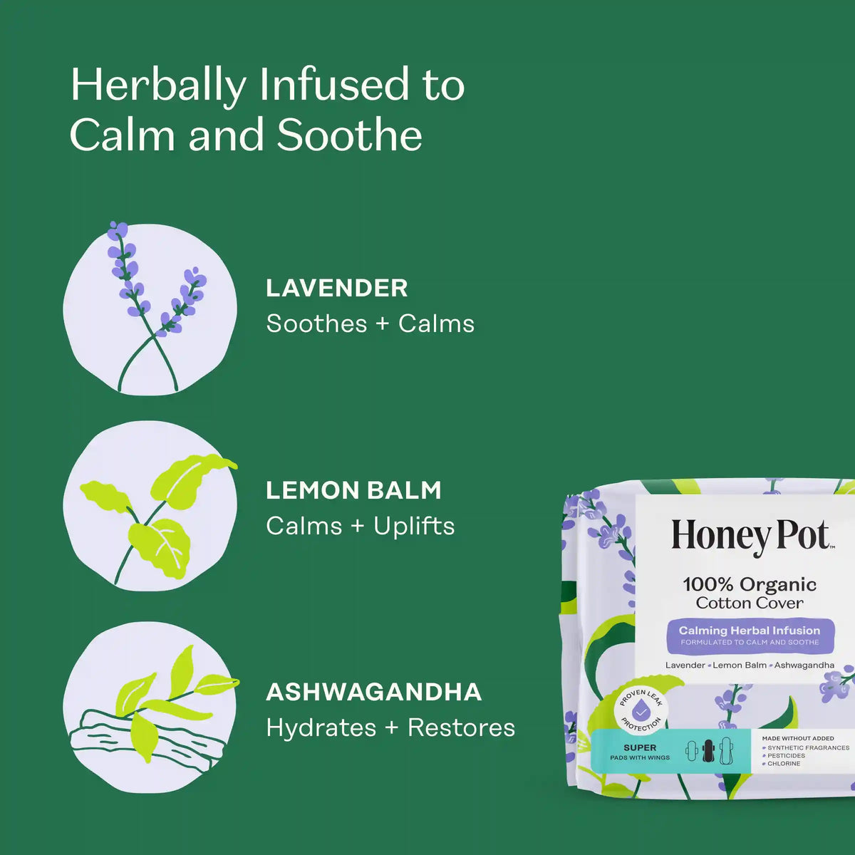 Organic Cotton Cover Calming Herbal Infusion Super Pads With Wings