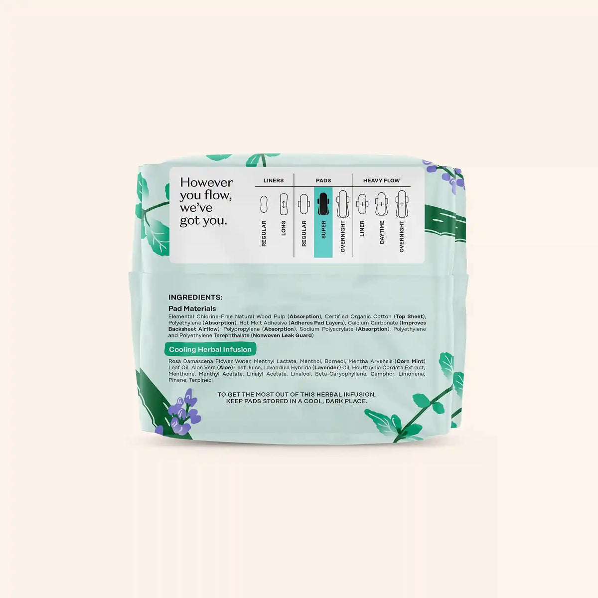 Organic Cotton Cover Cooling Herbal Infusion Super Pads